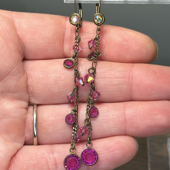 14k gold aura borealis bezel dangle earrings - Picture 2 of 3